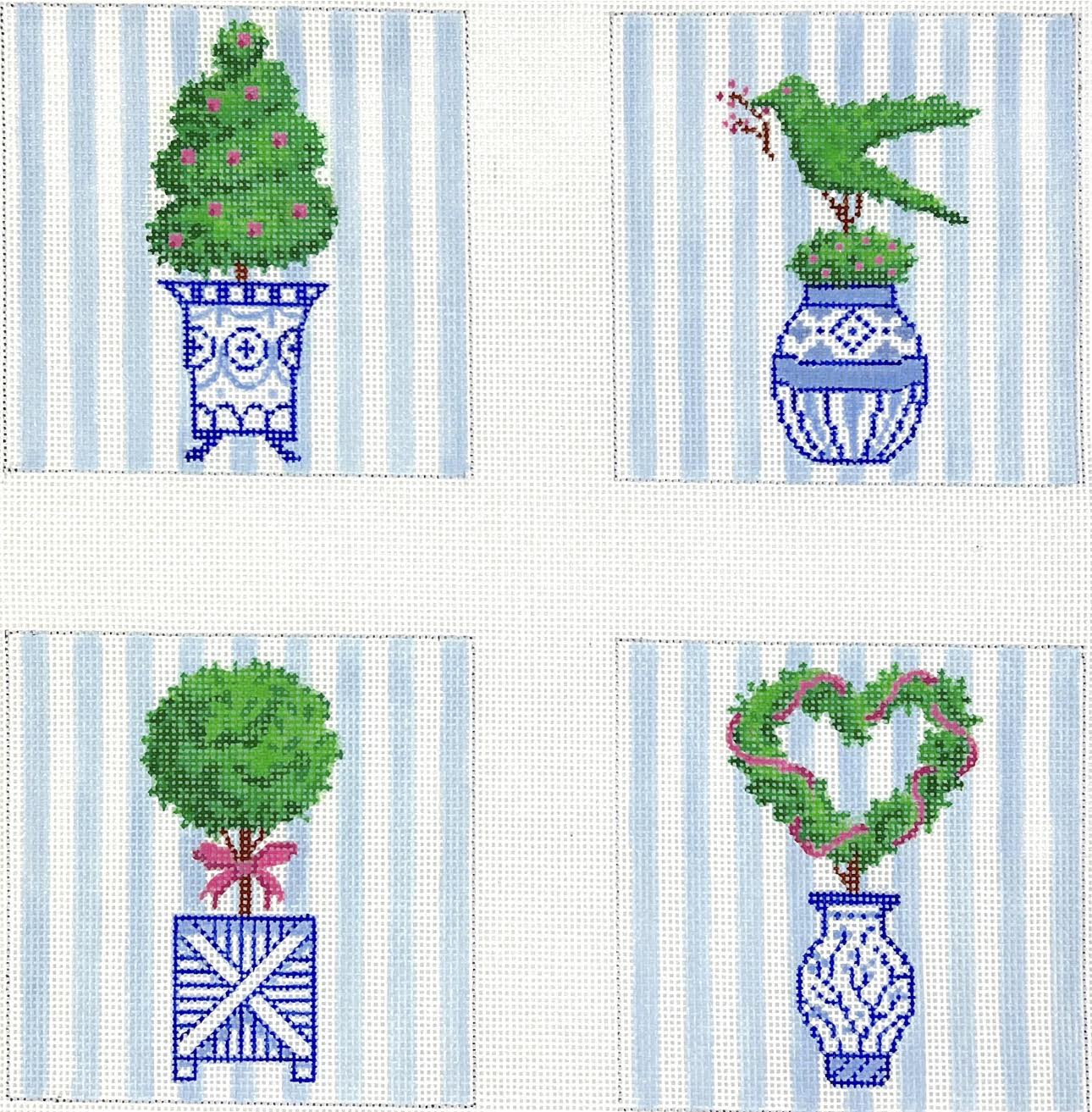 Kate Dickerson CO4-44 Topiaries w/ Pink Accents on Blue Stripes Coasters