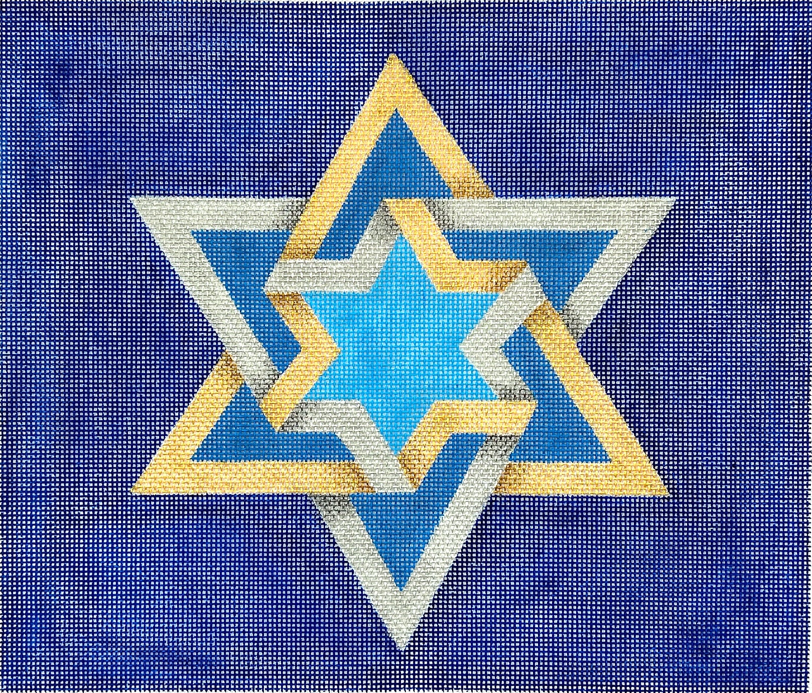 Kate Dickerson TAL-06 Tallis Bag – Double Interlocking Star of David – golds & silvers on deep blue