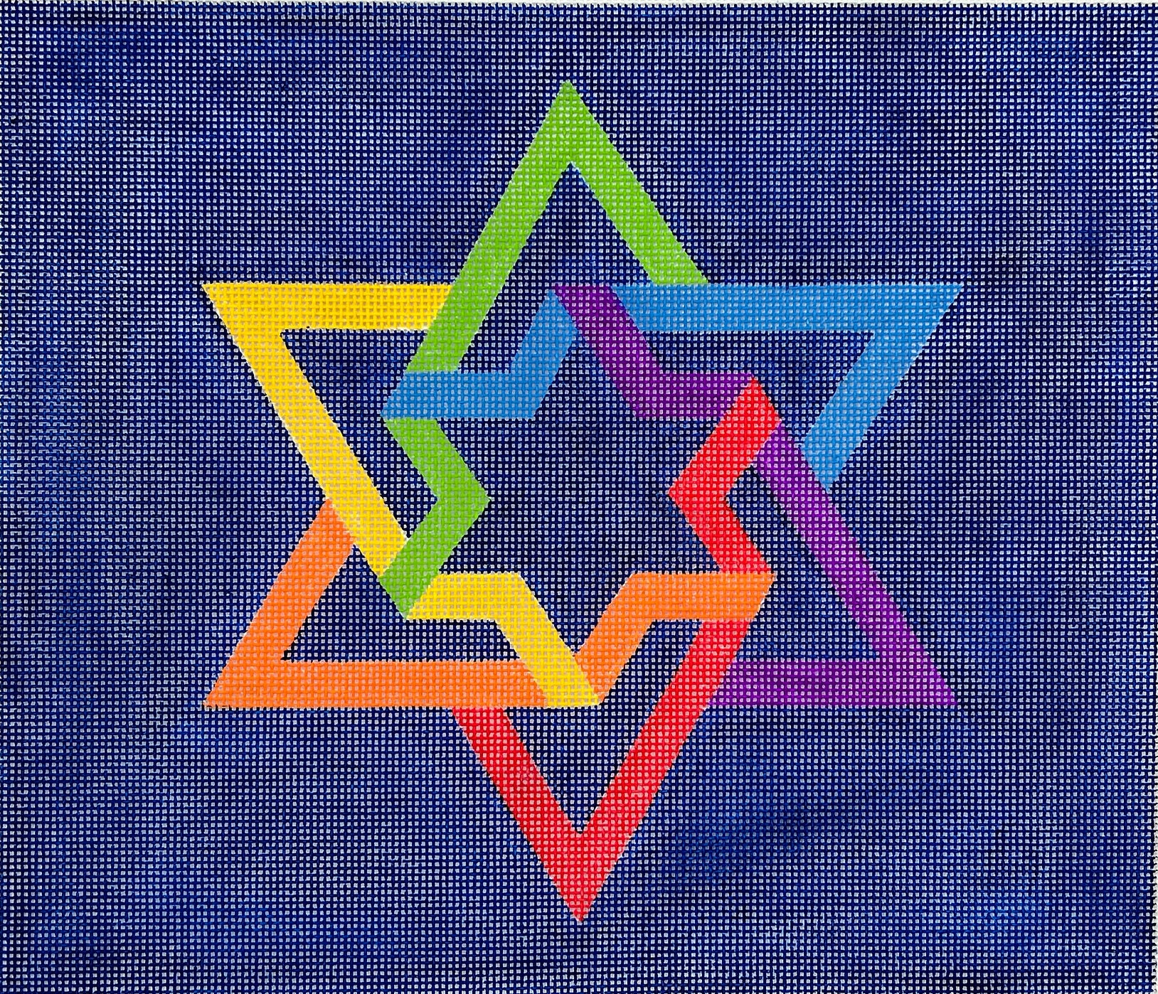 Kate Dickerson TAL-05 Tallis Bag – Double Interlocking Star of David – rainbow colors on deep blue