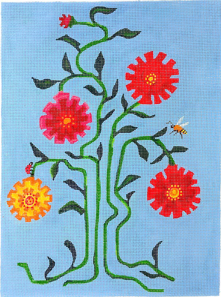Kate Dickerson AT-PL-02 Adam Trest - Vibrant Zinnias on Bright Blue w/ Ladybug & Bee