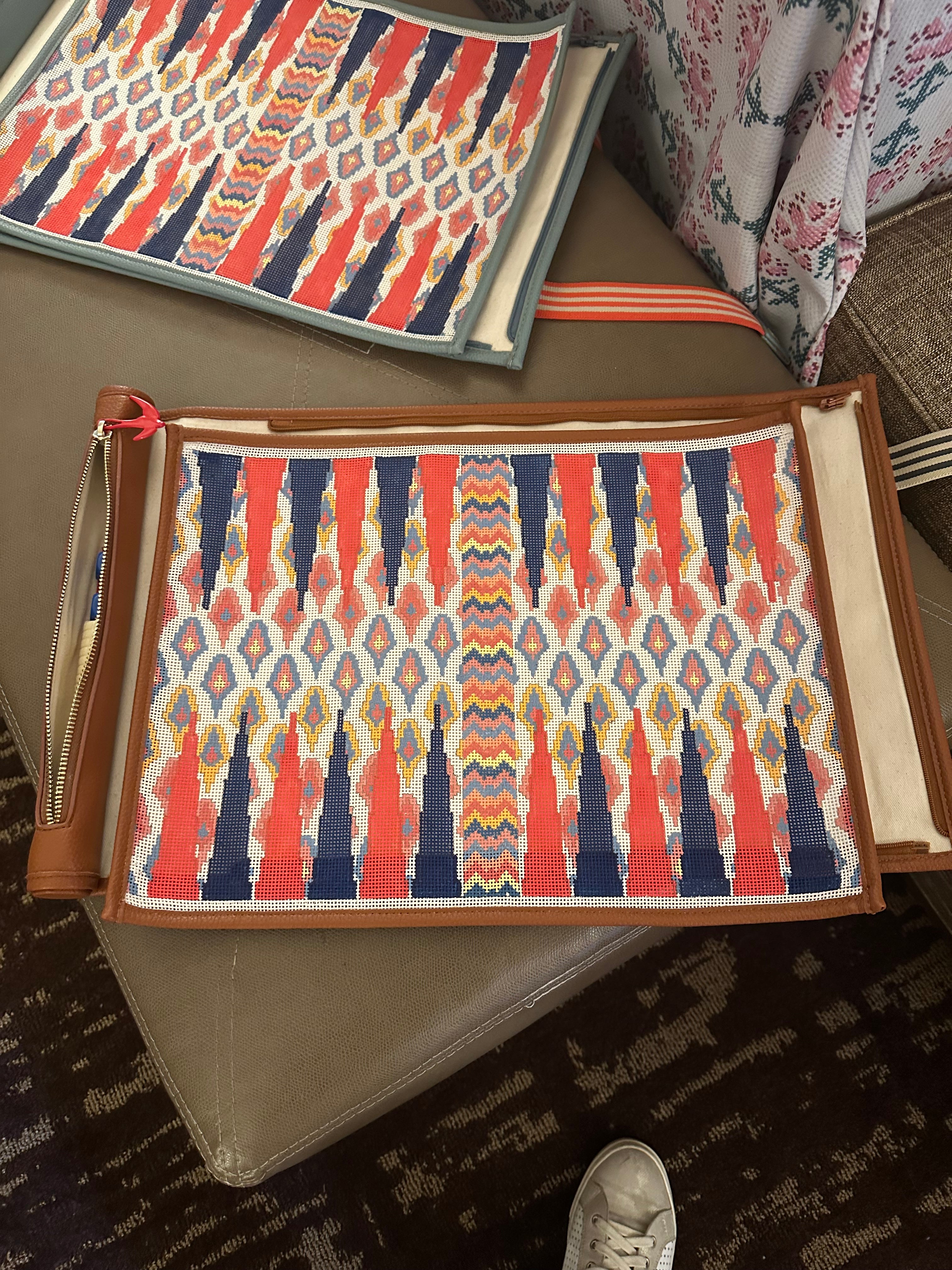 Anne Fisher Rollup Backgammon Brown Leather with IKAT Canvas