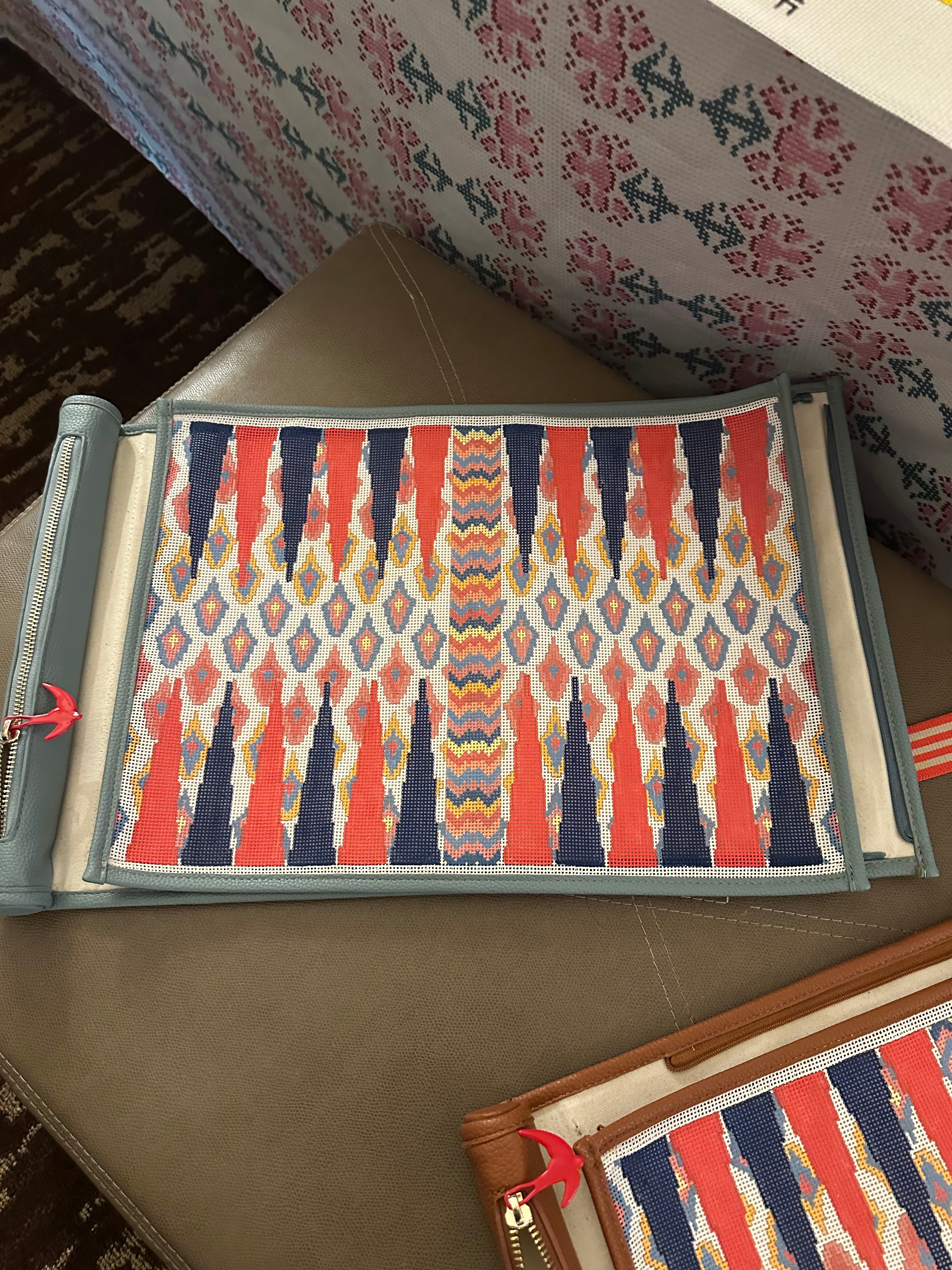 Anne Fisher Rollup Backgammon Blue Leather with IKAT Canvas