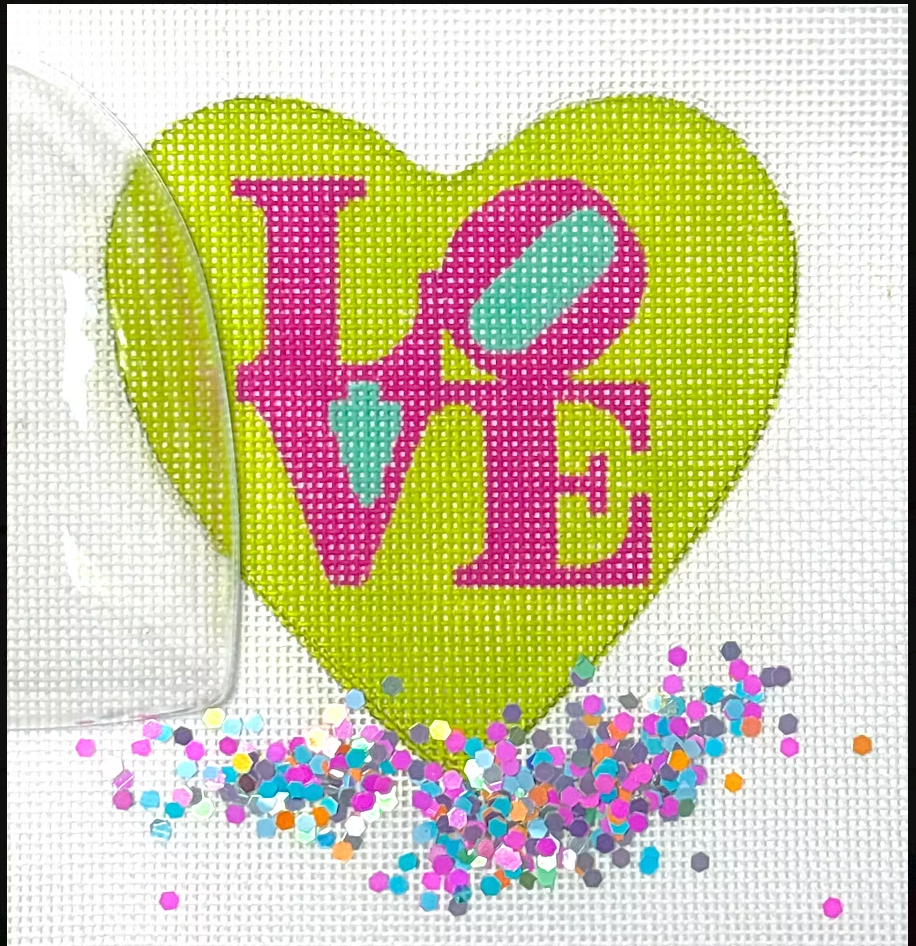 Kate Dickerson OMD-55 Heart Mini w/ Clear Dome &Confetti – Robert Indiana LOVE – pink & turquoise on lime