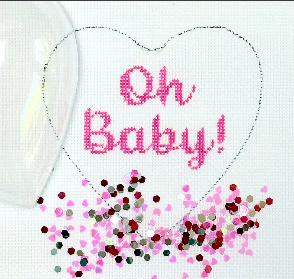 Kate Dickerson OMD-52 Heart Mini w/ Clear Dome & Confetti – “Oh Baby!” – pink on white