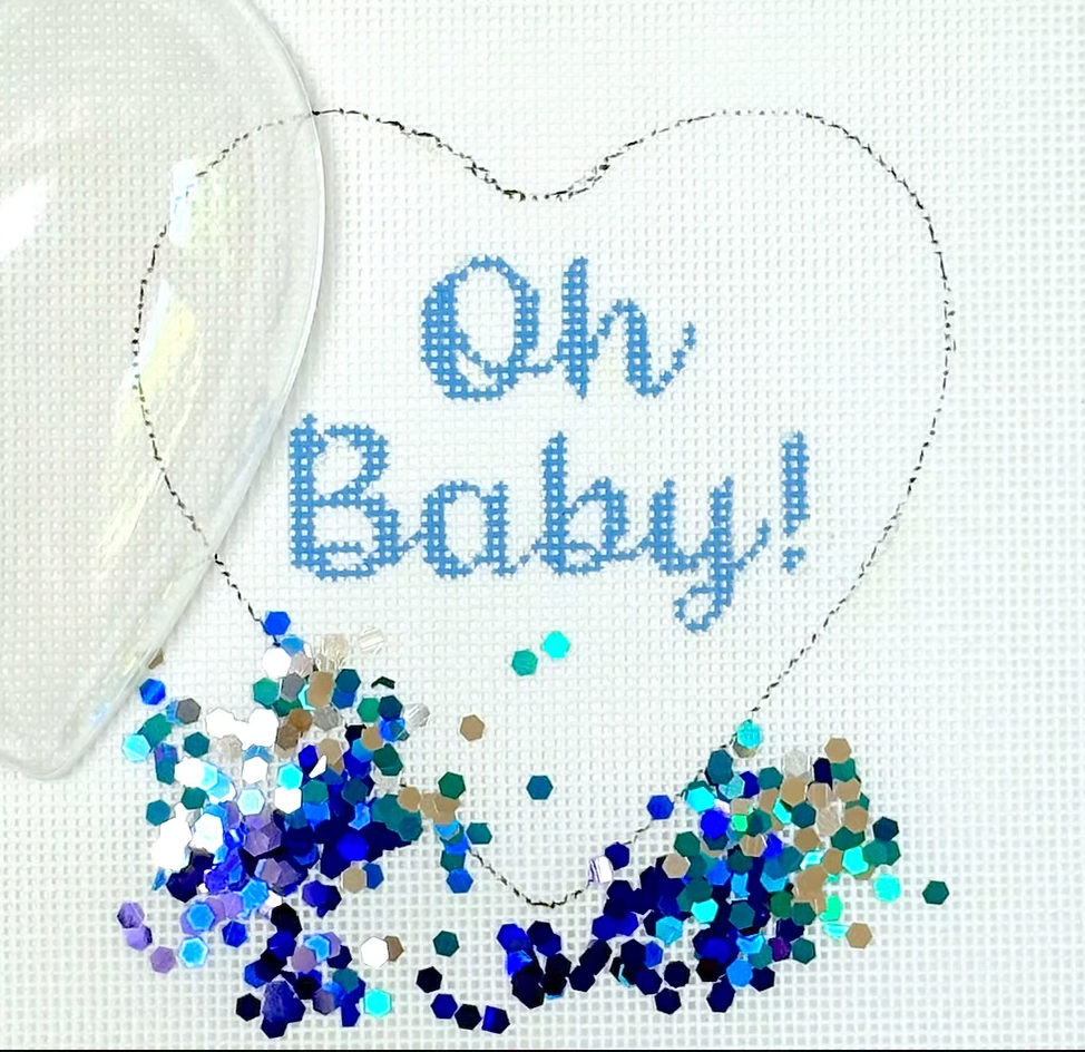 Kate Dickerson OMD-53 Heart Mini w/ Clear Dome &Confetti – “Oh Baby!” – blue on white