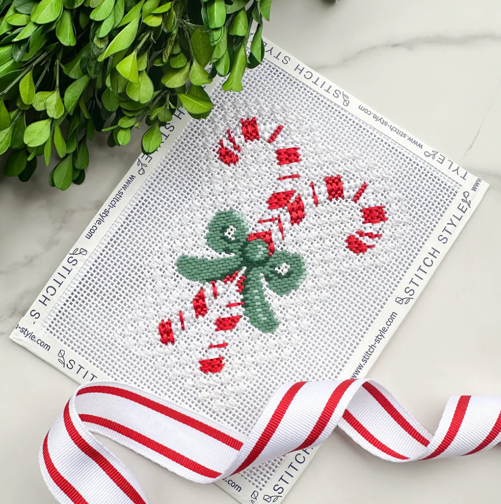 Stitch Style Needlepoint SS196 Candy Canes with Green Bow with Stitch Guide