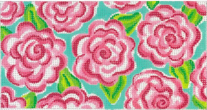 Kate Dickerson INSPCL-53 Roses - Pinks & Greens on Turquoise Needlepoint Canvas