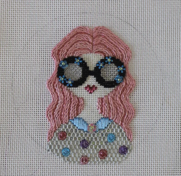 Sew Much Fun Lady with large glasses and stitch guide