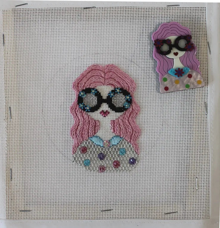 Sew Much Fun Lady with large glasses and stitch guide