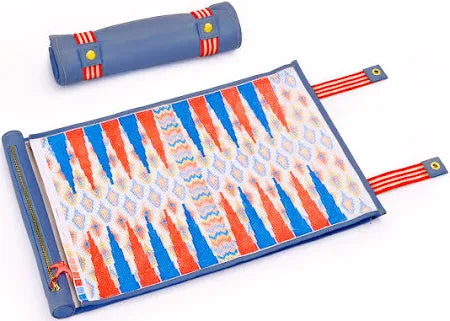 Anne Fisher Rollup Backgammon Blue Leather with IKAT Canvas