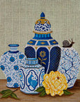 JP Needlepoint O 096 Blue Pots and Yellow Peony