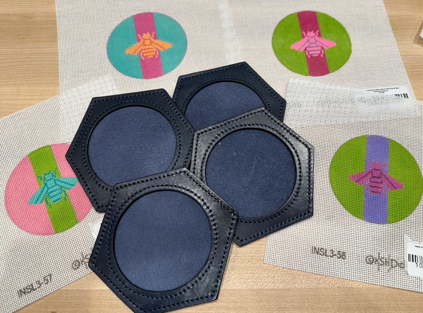 Meredith Collection Blue Leather Coasters - takes 3&quot; Round Insert (Set of 4)