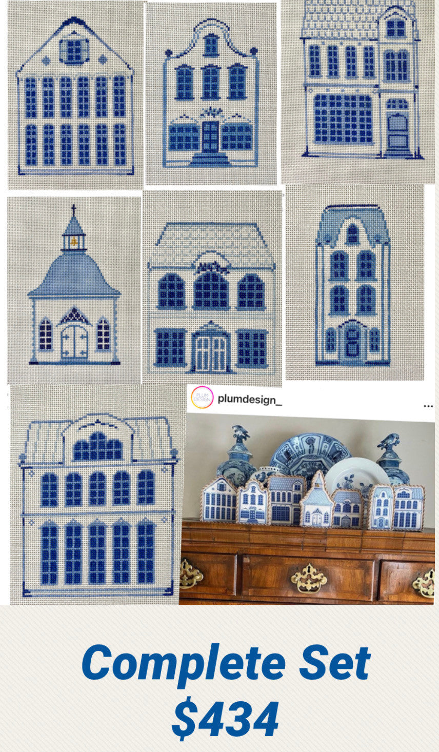 Plum Stitchery Blue Delft Houses (7 canvases)