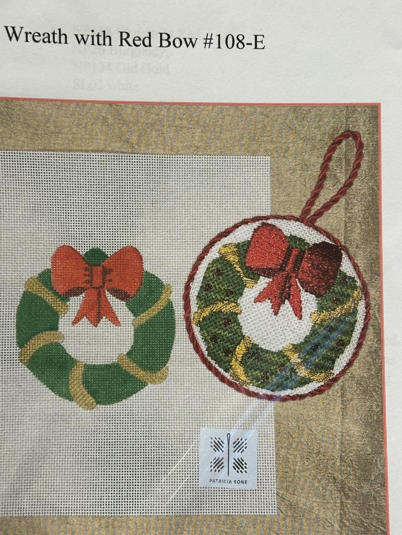 Patricia Sone 108-E Wreath with Red Bow and Stitch Guide
