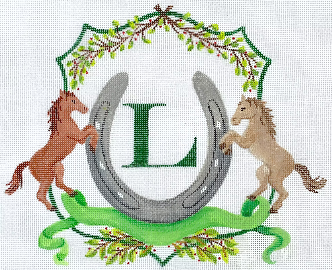 Kate Dickerson ALCR-12 Monogram Crest Horses Horseshoe Ribbon Greenery