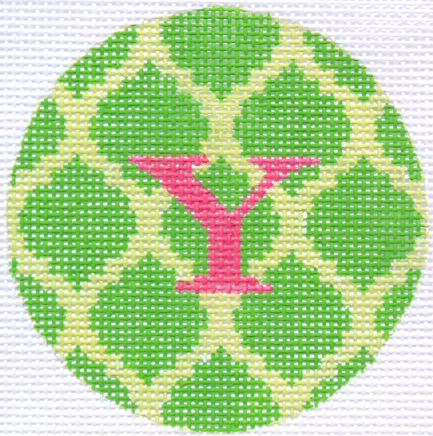 Kate Dickerson ALB-05 Bright Disk Letter Green Quatrefoil Damask