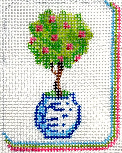Kate Dickerson OM-458 Mini Bag Charm - Mahjong Tile - Topiary in Blue and white Pot