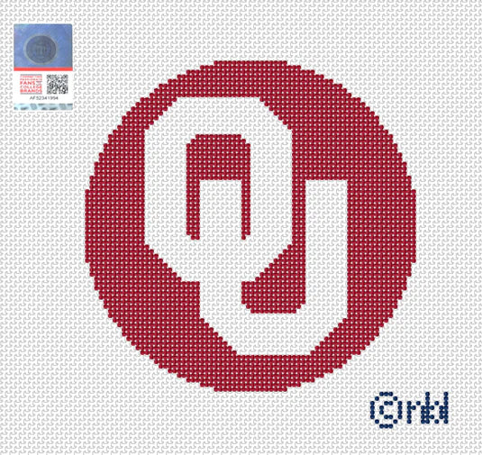 Needlepoint by Laura Oklahoma logo round Crimson