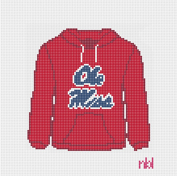 Needlepoint by Laura Ole Miss Hooded Sweatshirt Needlepoint Canvas Powder Red