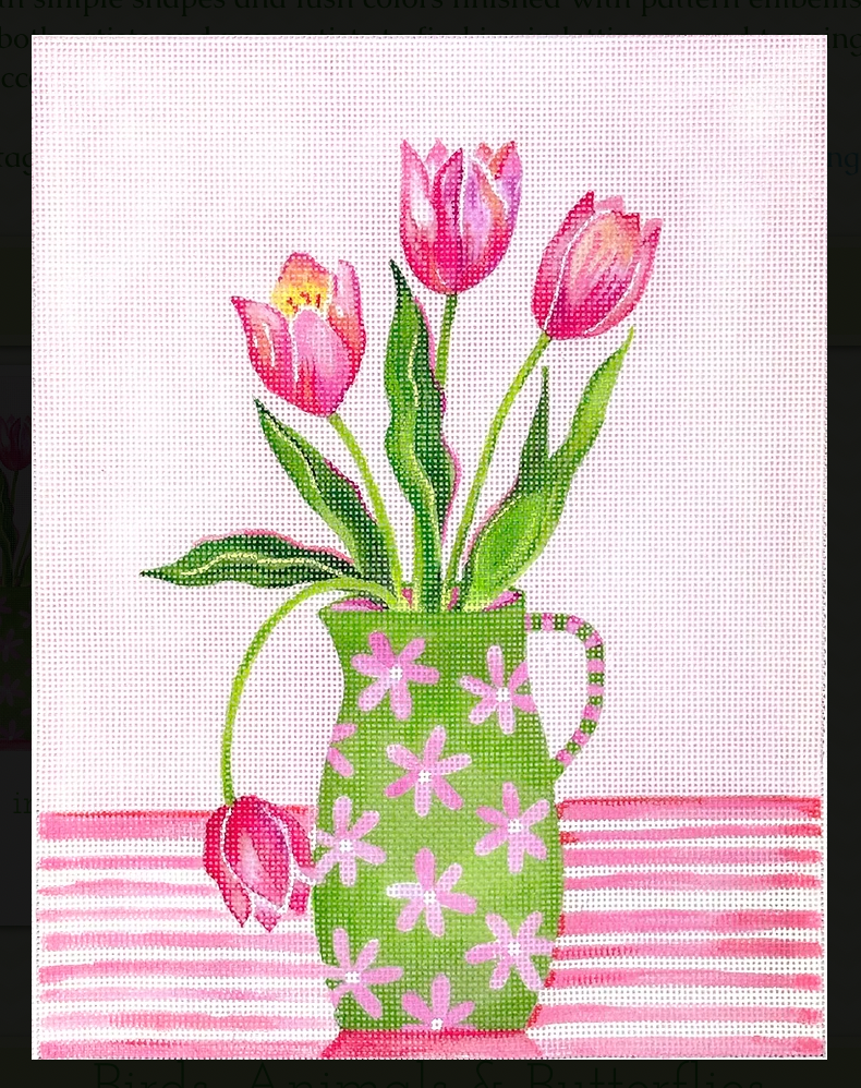 Kate Dickerson SAL-PL-03 Pink Tulips in Pitcher on Pink Striped Tablecloth