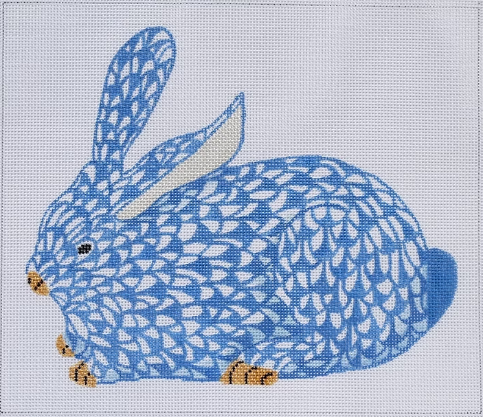 Kate Dickerson SST-32L Herend Inspired Crouching Fishnet Bunny - Blue and Gold Facing Left