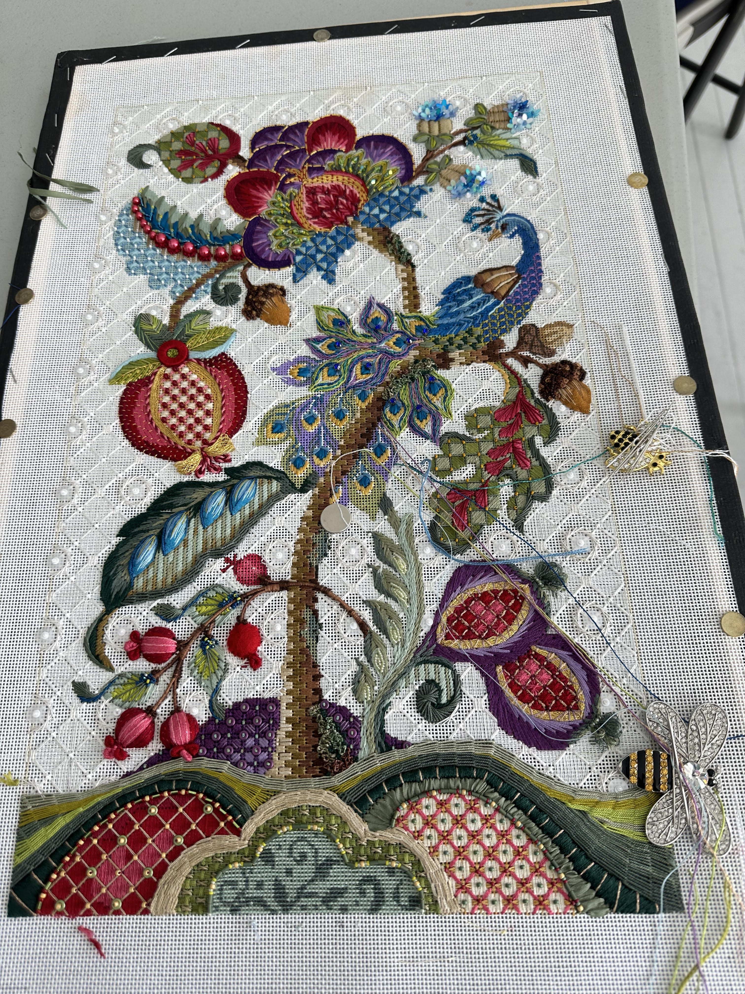 Colonial Needle Kelly Clark KCA53-18 Jacobean Peacock Canvas, Stitch Guide and Embellishment Kit