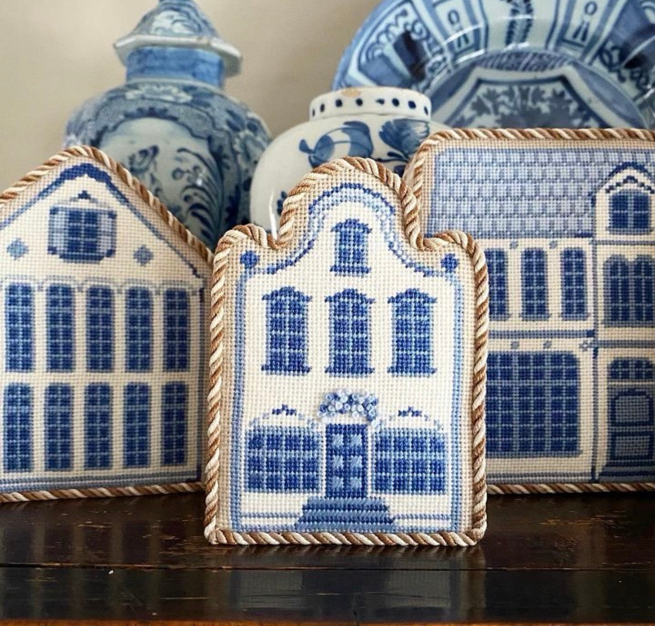 Plum Stitchery Blue Delft Houses (7 canvases)
