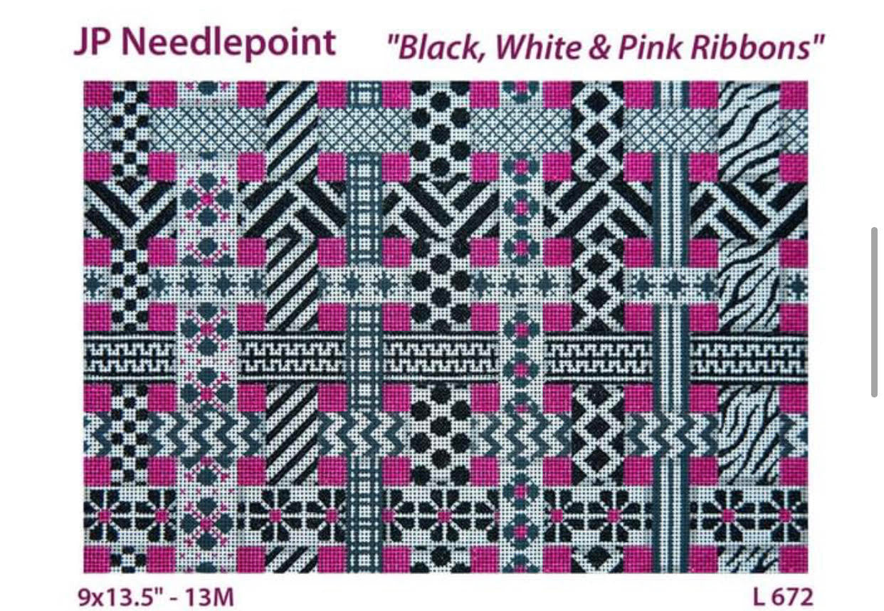JP Needlepoint L672 Black, White &amp; Pink Ribbons