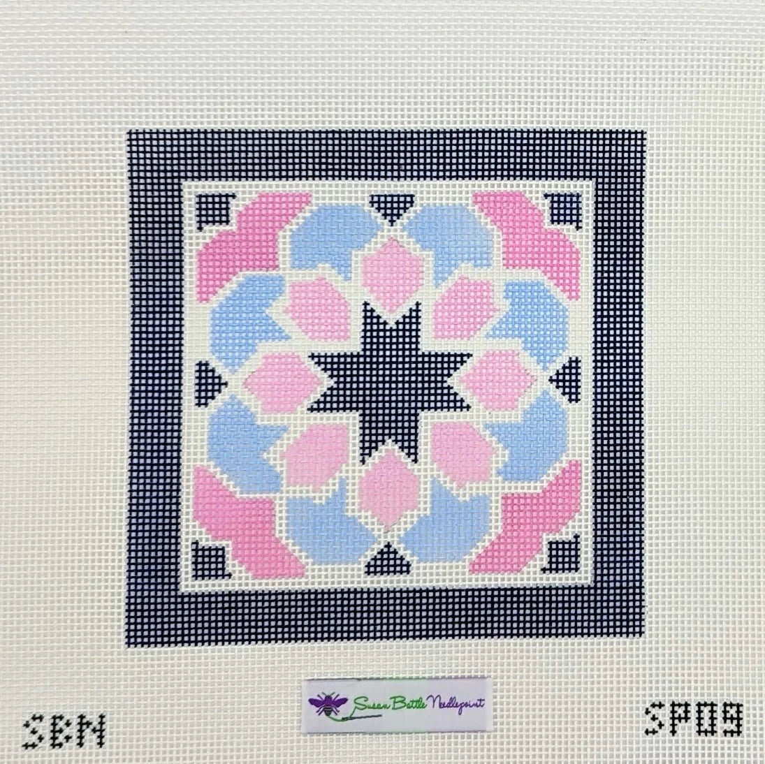 Susan Battle SP09 10 mesh Pink &amp; Blue Geometric with Navy Border